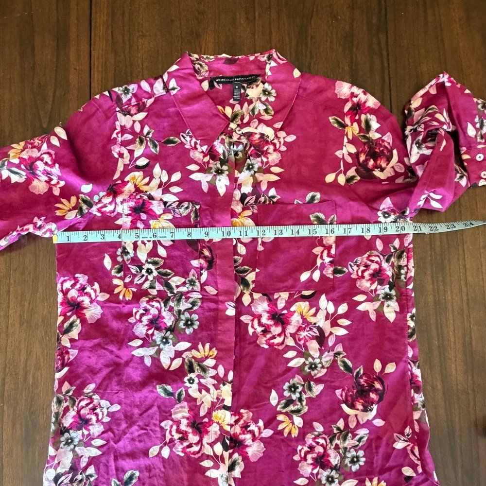 White House Black Market Purple Floral Long Sleeve Silk Blend Shirt, Size 8 - Picture 11 of 12